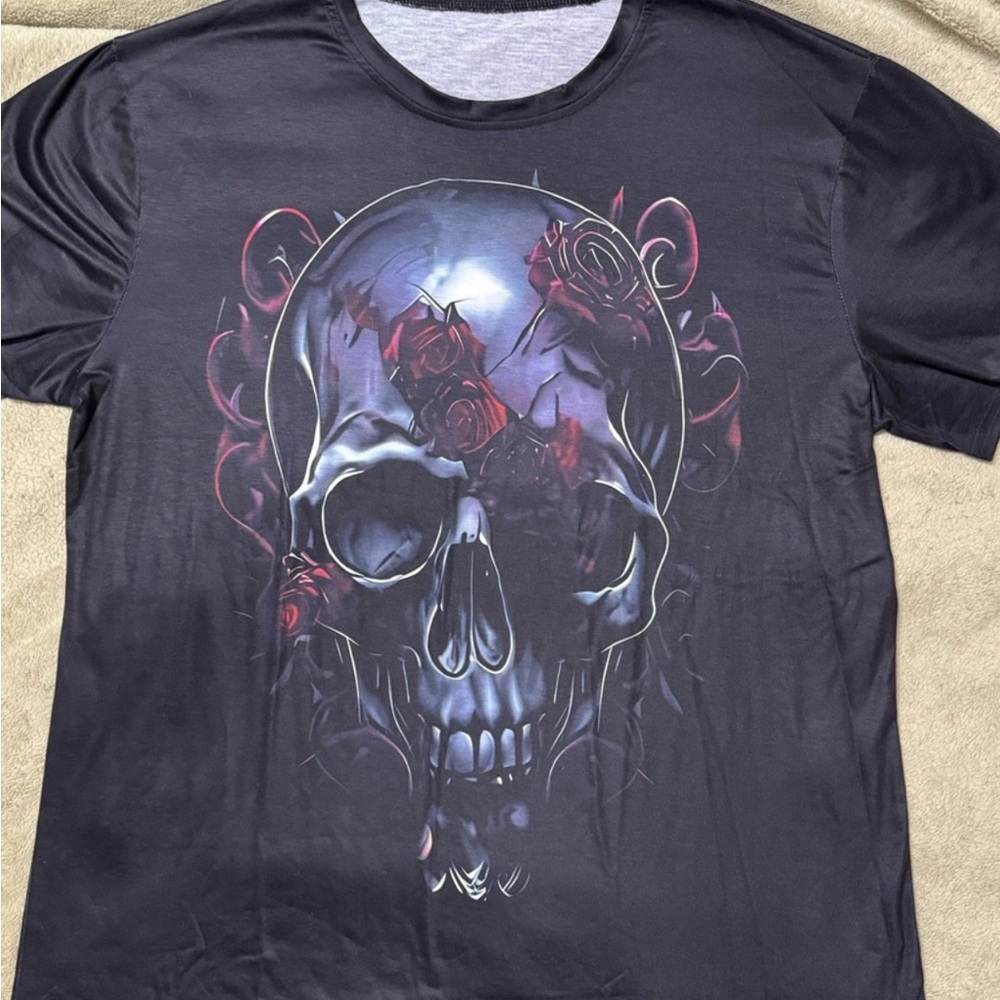 Goth Biker Black Skull with Red Roses